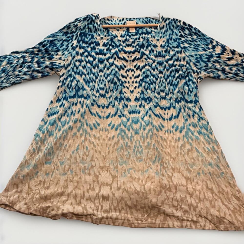 Chico's Blue Beige Geometric Tunic Blouse Rayon 3/4 Sleeve Round Neck Size 3 - Picture 2 of 10